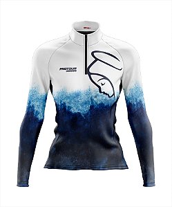 Camisa de Ciclismo Feminina Manga Longa Pro Tour Santa Azul com Bolsos UV 50+