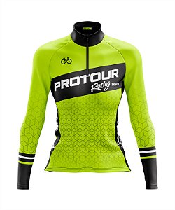 Camisa de Ciclismo Feminina Manga Longa Pro Tour Racing Flúor com Bolsos UV 50+