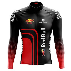 Camisa Ciclismo Masculina Manga Longa Red Bull Preta Proteção UV+50