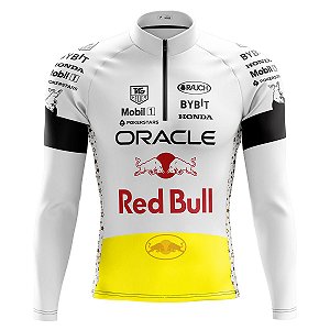 Camisa Ciclismo Masculina Manga Longa Pro Tour Red Bull Branca Com Bolsos