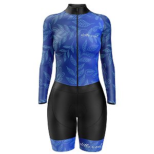 MACAQUINHO CICLISMO FEMININO MANGA LONGA STELLA WEAR FLORAL AZUL COM BOLSOS UV 50+