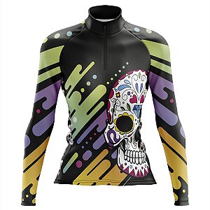 Camisa Ciclismo Mountain Bike Feminina Caveira Mexicana Manga Longa Dry Fit Proteção UV+50