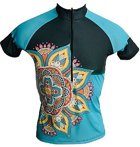 Camisa Ciclismo MTB Feminina Mandala Azul Dry Fit Proteção UV+50