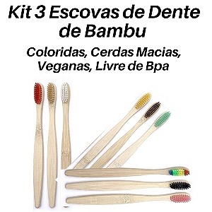 ÁRVIDA - Kit 3 Escovas De Dente De Bambu - Coloridas Cerdas Macias Veganas Livre De Bpa​