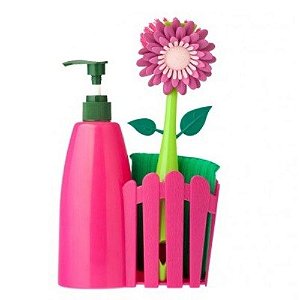 Kit Para Pia Com Porta Detergente Escova E Esponja - Rosa