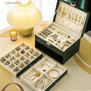 Caixa de Joias de 3 Camadas Caixa de Armazenamento de Joias de Couro PU Com 2 Gavetas Segura para Quarto Q19