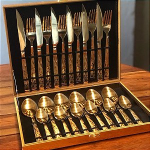 Kit Jogo Faqueiro inox 24 Peças Com detalhe Duorado + Maleta