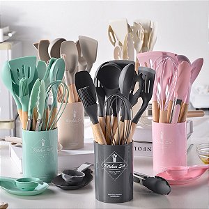 Kit 12 Peças Utensílios Cozinha Silicone Cabo Madeira decoração elegante livre BPA premium chef