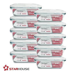 Kit 10 Potes Vidro 640ml Hermético Marmita Forno Refratário Star House