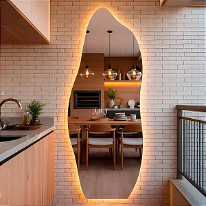 Espelho Orgânico Com Led 150x50 Cm Para Sala Quarto Banheiro Moldura Flame Led Quente