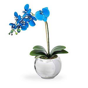 Arranjo de orquídea artificial azul de seda no vaso espelhado
