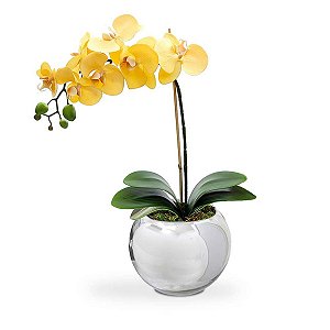 Arranjo de orquídea artificial amarela de seda no vaso espelhado