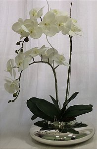 Arranjo C/2 Orquídeas Silicone Artificiais Brancas + Vaso Espelhado