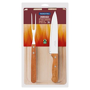 Kit para Churrasco Tramontina com Lâminas em Aço Inox e Cabos em Madeira Natural - 3 Peças
