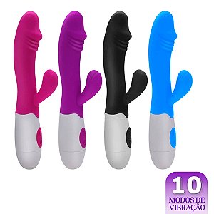 VIBRADOR COM ESTIMULADOR DE CLITÓRIS 10 VIBRAÇÃO - À PILHA