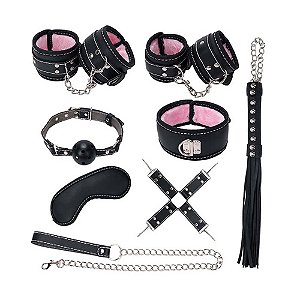 KIT SADO 8 PEÇAS COURO COM PELÚCIA ROSA COM PRETO
