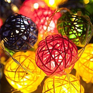 Cordão Led 20 Bolinha Rattan vime Colorido PIlha ou USB