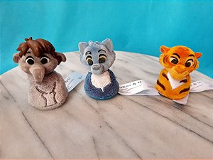 Mini pelúcia Disney Furry tale friends 3 personagens desenho Mowgli; Júnior, Baguera e Shere khan