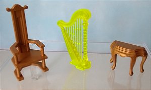 Playmobil, trono, harpa e mesinha vitoriana, usados