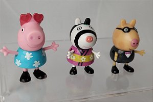 Mini bonecos articulados coleção Peppa pig; Peppa pig de óculos de coração; Pedro pônei e Zoe zebra