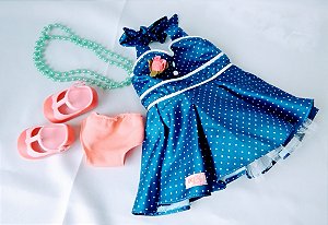 Acessórios para boneca Our generation :vestido azul de poá, sapatos rosa, calcinha e colar verde agua