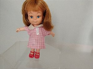 Anos 70 Mini Doll Vivinha cabelo castanho da Estrela ,10 cm, vestido xadrez rosa e sapatos customizados