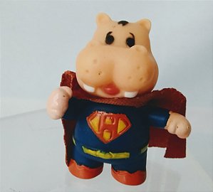 Anos 90, Boneco de plástico hipopó parecendo super homem, promocional biscoito hipopó, 6 cm, usado
