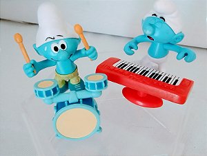 Smurfs de vinil articulados pianista e baterista, Peyo 2008, usados, 6 cm