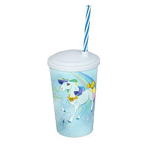 Copo Infantil Unicórnio Azul Com Canudo e Tampa 550 ML