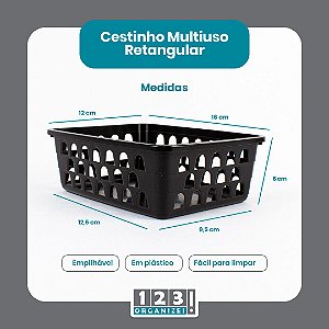 Cesto Multiuso Organizador Pequeno 16x12x6Cm Preto 123Organizei