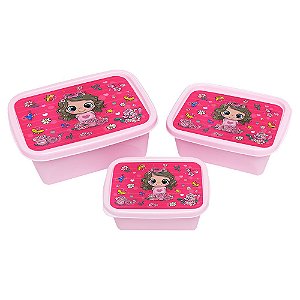 KIt 3 Potes Para Alimentos Retangular Rosa 220/420/750 ML 4159 JAguar