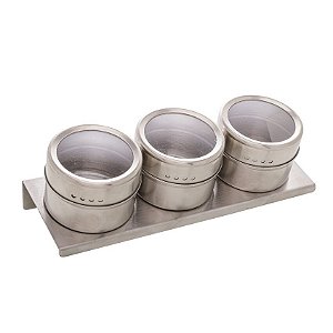 Conjunto 3 Portas Tempero  Aço Inox Tampa Acrílico e Suporte