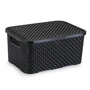 Caixa Organizadora Rattan Grande Preto 16 Litros Com Tampa