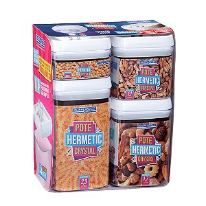 Kit 4 Potes tamanhos Diferentes Herméticos Crystal Quadrado Injeplastec 280