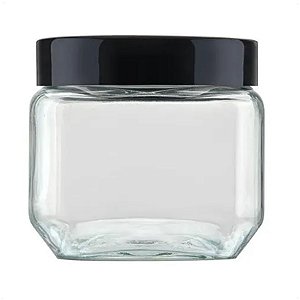 Pote de Vidro Liso Quadrado 800ML Com Tampa Preta Rosqueável