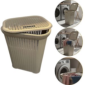 Cesto Rattan De Roupas Organizador Com Tampa Cor Nude 50 Lts