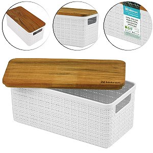 Cesto Organizador Casa Decorativo Tampa Madeira 1,5l Branco