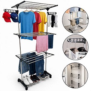 Varal De Chão 3 Andares Grande de Roupas Dobrável Regulável Retrátil com Rodinhas e Ganchos Compacto