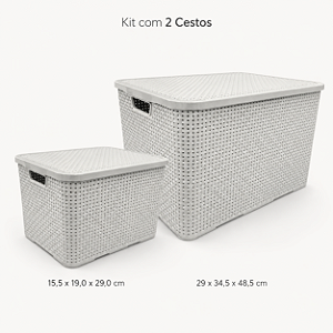 Kit Cestos Organizadores Rattan Branco com Tampa – 2 Tamanhos: 20 e 40 Litros