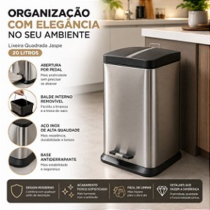 Lixeira Inox 20L Com Pedal Banheiro Cozinha Quadrada Mor