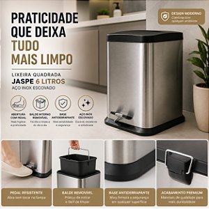 Lixeira Inox 6L Com Pedal Banheiro Cozinha Quadrada Mor