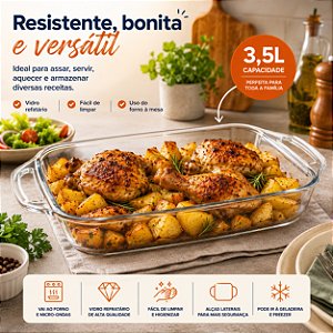 Travessa Assadeira Vidro Retangular Refratário 3,5L C/ Alças