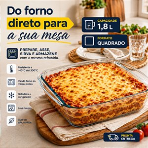 Travessa Refratária Marinex Quadrada 1,8L Vidro Assadeira