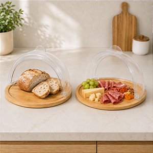 Porta-Pão de Bambu 32cm | Tampa Acrílica e Tábua de Frios