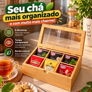 Organizador De Chá Bambu 6 Divisórias Tampa Sachês 21X16X7CM