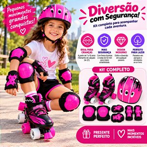 Patins Infantil Quad 4 Rodas Kit Proteção Capacete Menina