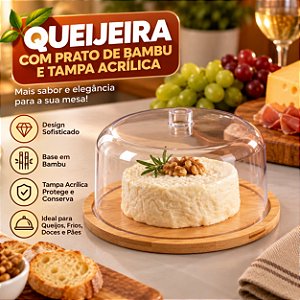 Porta Queijo Queijeira Prato Bambu Tampa Acrílica Madeira