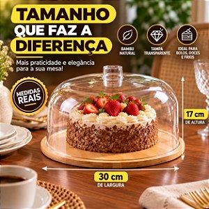Boleira Bambu Com Tampa Em Acrílico Porta Bolo Pudim 30 cm
