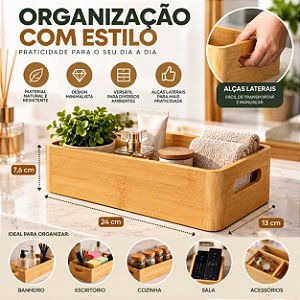 Caixa Organizadora Bambu Retangular Com Alça 24x13x7,6cm