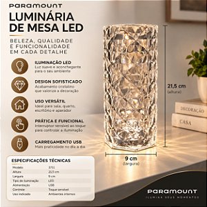 Luminária De Mesa Touch LED Cristal USB Recarregável 21,5cm